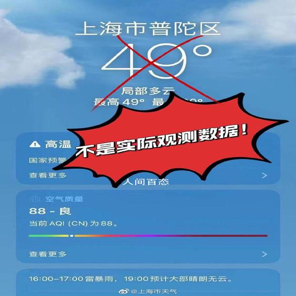 气象局回应上海气温冲破50℃ 气象局：非真实观测